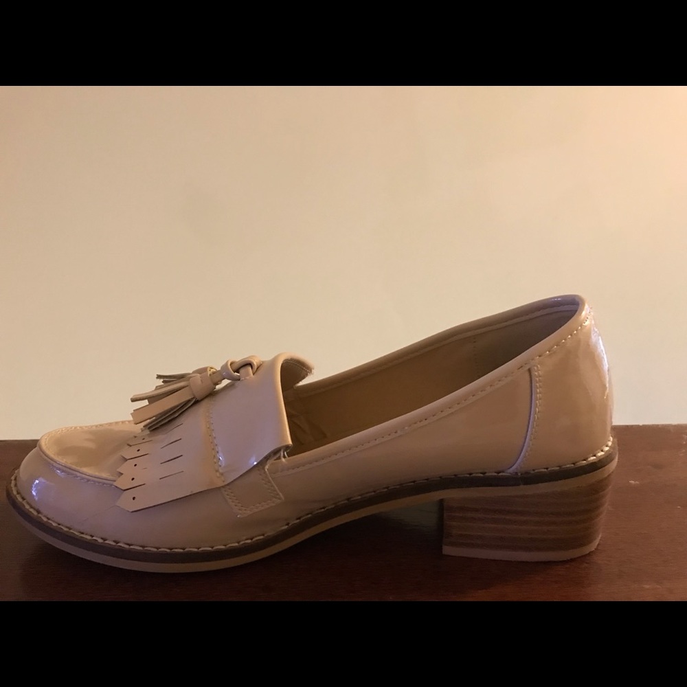 Patent blush penny loafers